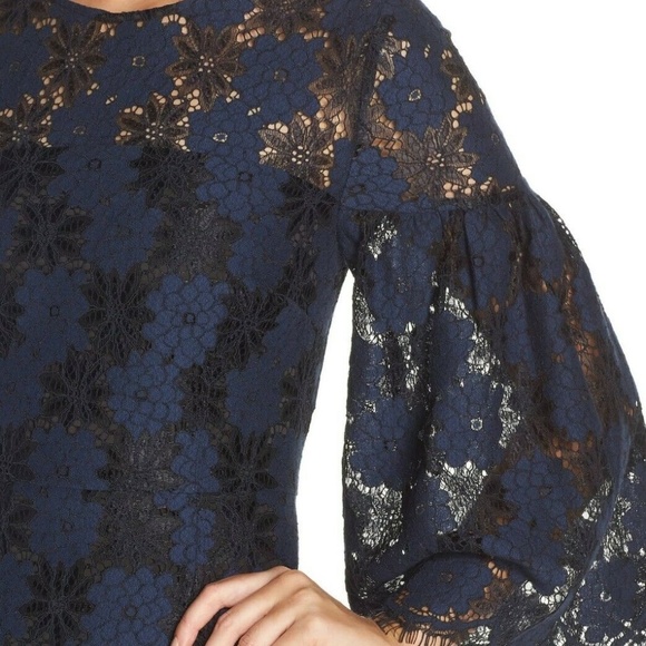 Trina Turk Embroidered Sheer Bell Sleeve 2-Tone Blue Black Lace Dress 4 Small - Picture 4 of 13